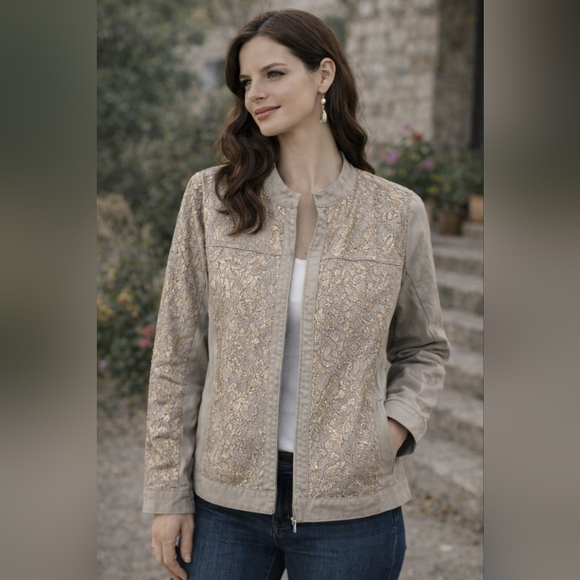 Chico's Jackets & Blazers - Chico's Platinum Jacket Taupe Gold Stand Collar Lace Overlay Open Front 1 (S/8)